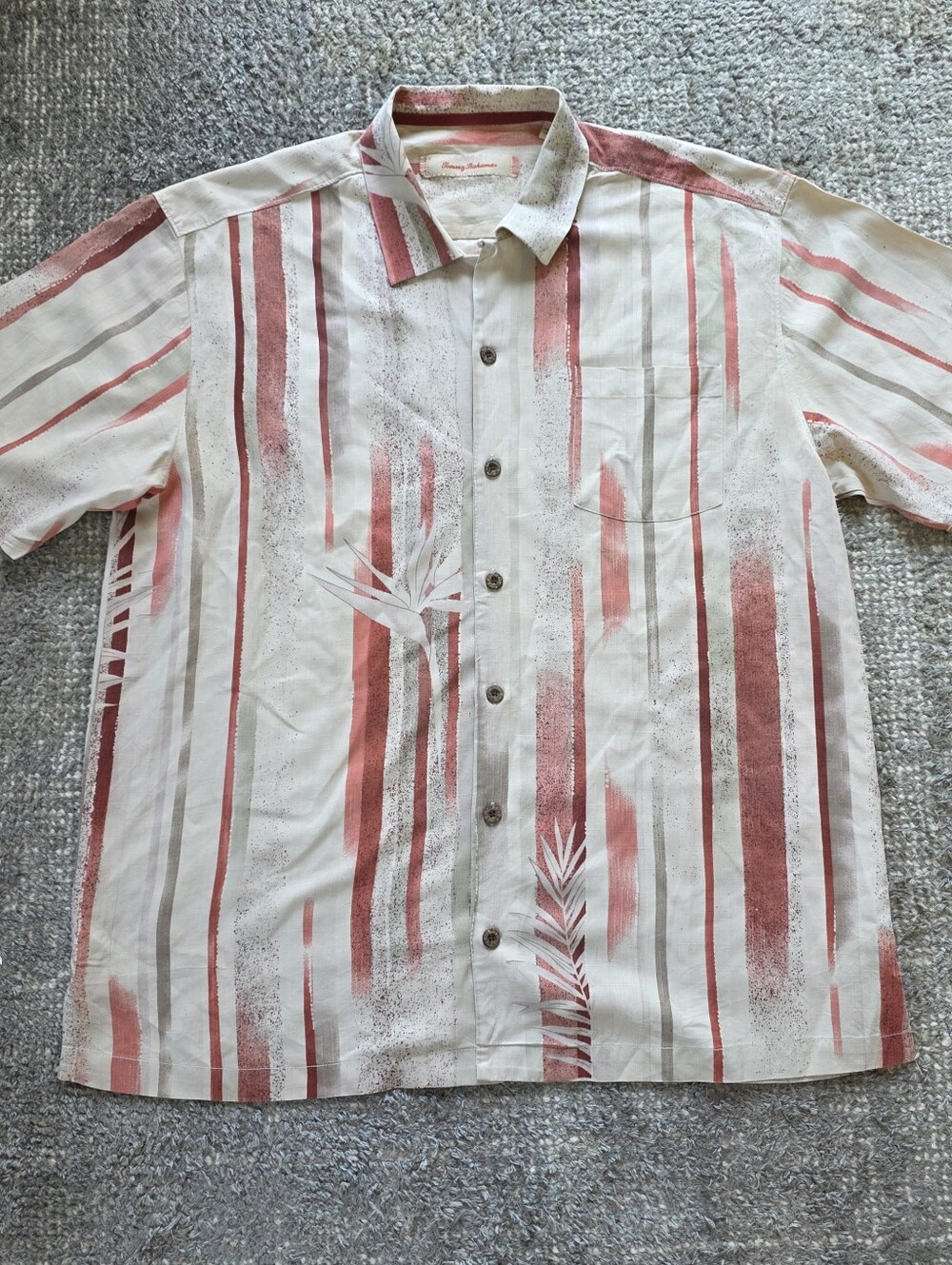 Tommy Bahama 100% Silk Shirt Mens L Bird of Paradise Stripe Hawaiian Camp